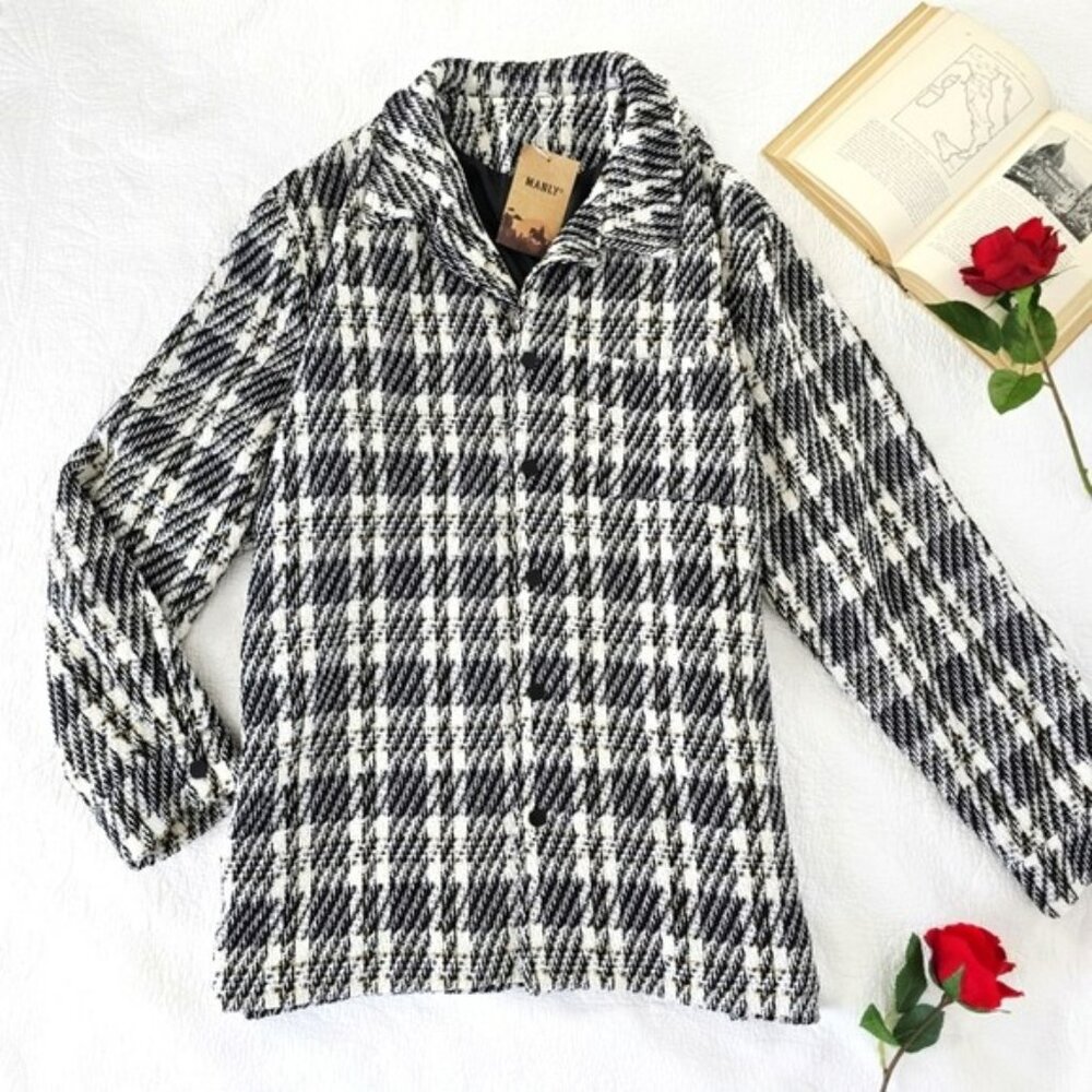 New Women's Black White Tweed Plaid Jacket Coat Size 3XL Snaps Lined Linen